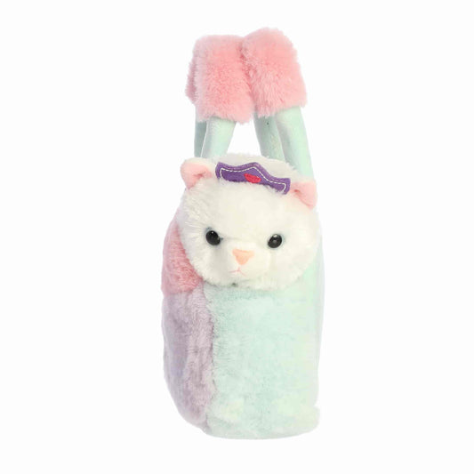 Aurora World Fancy Pals Princess Kitty 8-Inch plush set featuring white cat with crown and pastel color-block carrier.