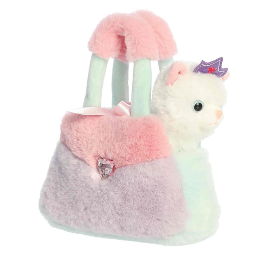 Aurora World Fancy Pals Princess Kitty 8-Inch plush set featuring white cat with crown and pastel color-block carrier.