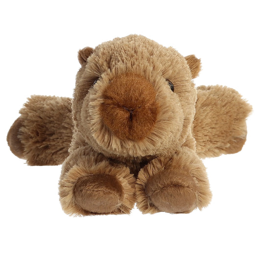 Aurora World Mini Flopsie Charlie Capybara 8-Inch plush featuring soft brown fur, a sweet face, and a relaxed belly-down resting pose.