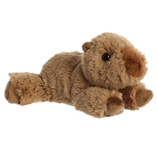 Aurora World Mini Flopsie Charlie Capybara 8-Inch plush featuring soft brown fur, a sweet face, and a relaxed belly-down resting pose.