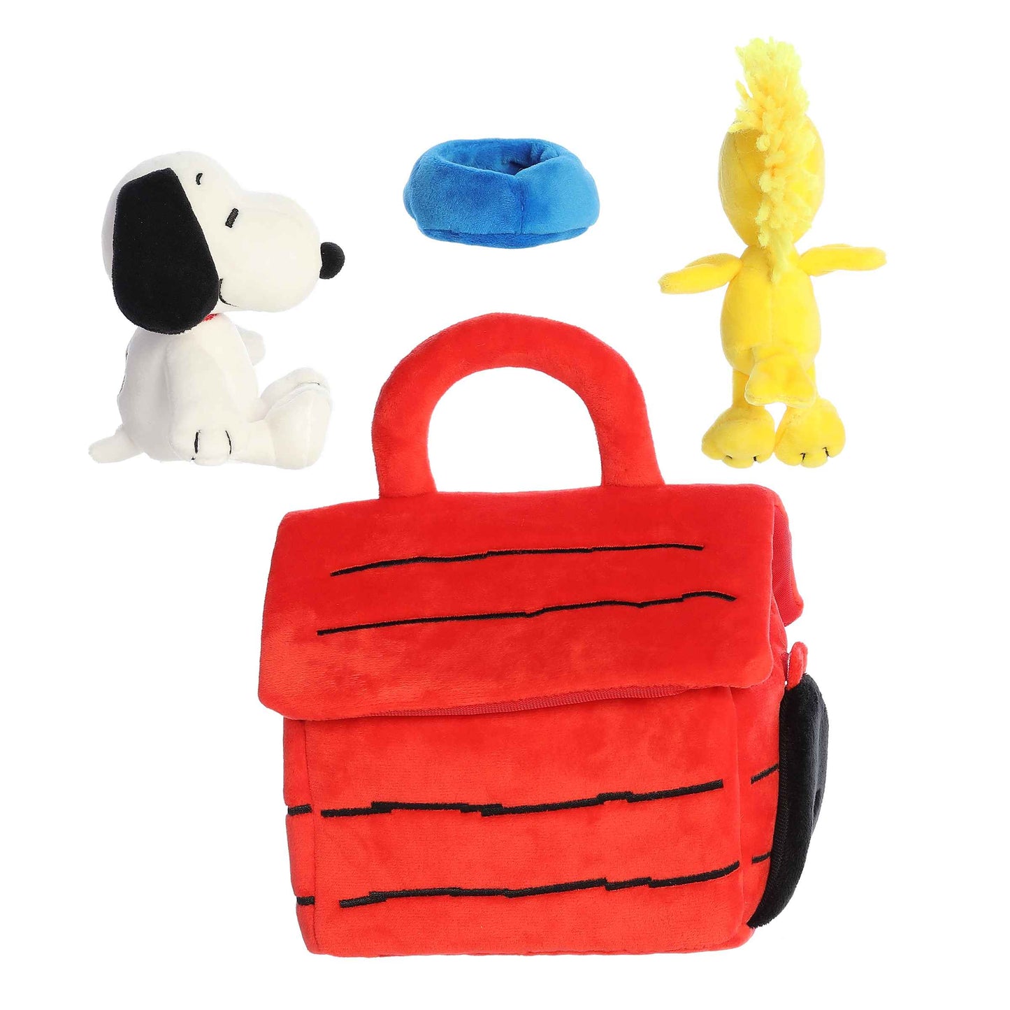 Aurora World Peanuts 8-inch plush playset featuring a red doghouse carrier, Snoopy plush, Woodstock plush, and a blue plush dog bowl.