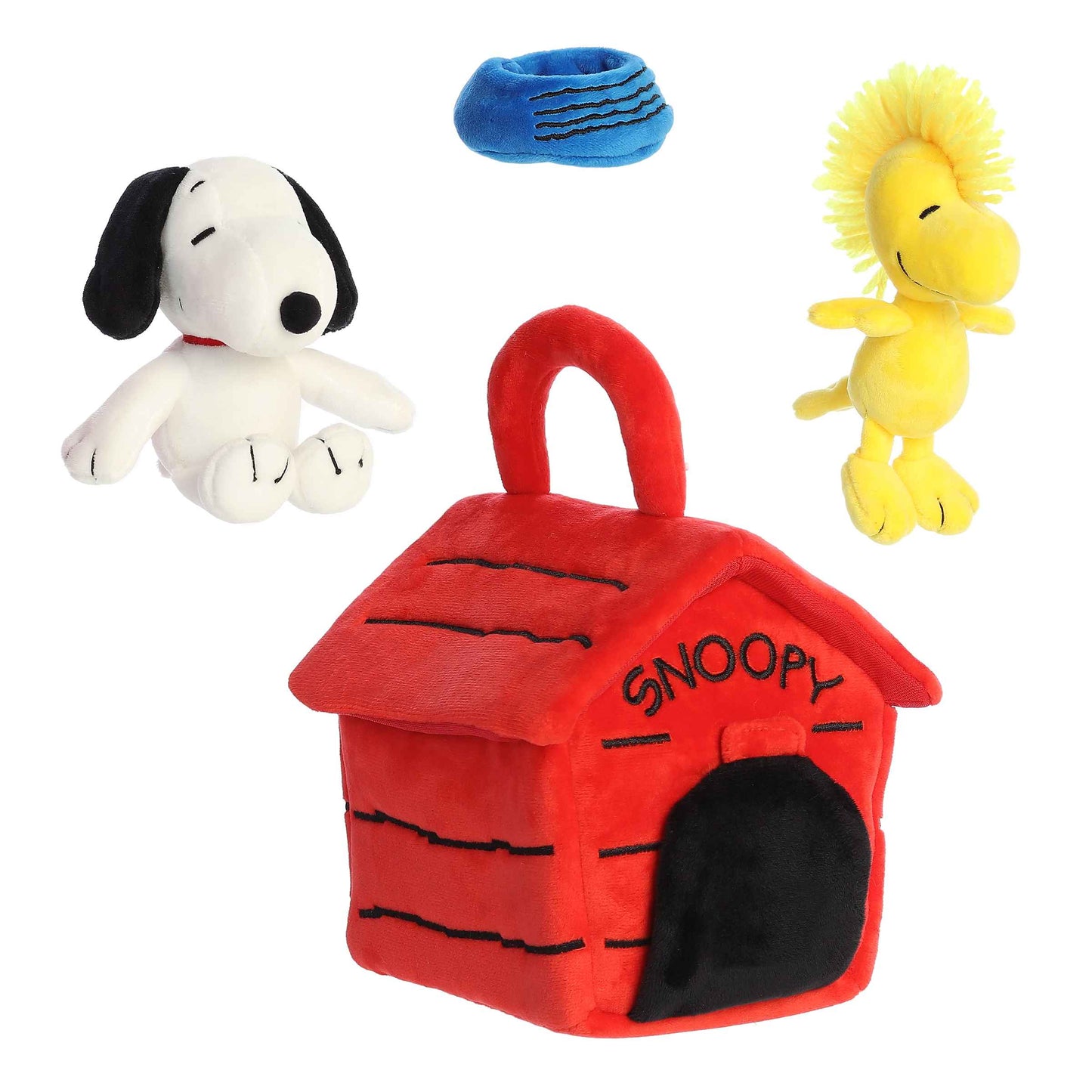Aurora World Peanuts 8-inch plush playset featuring a red doghouse carrier, Snoopy plush, Woodstock plush, and a blue plush dog bowl.