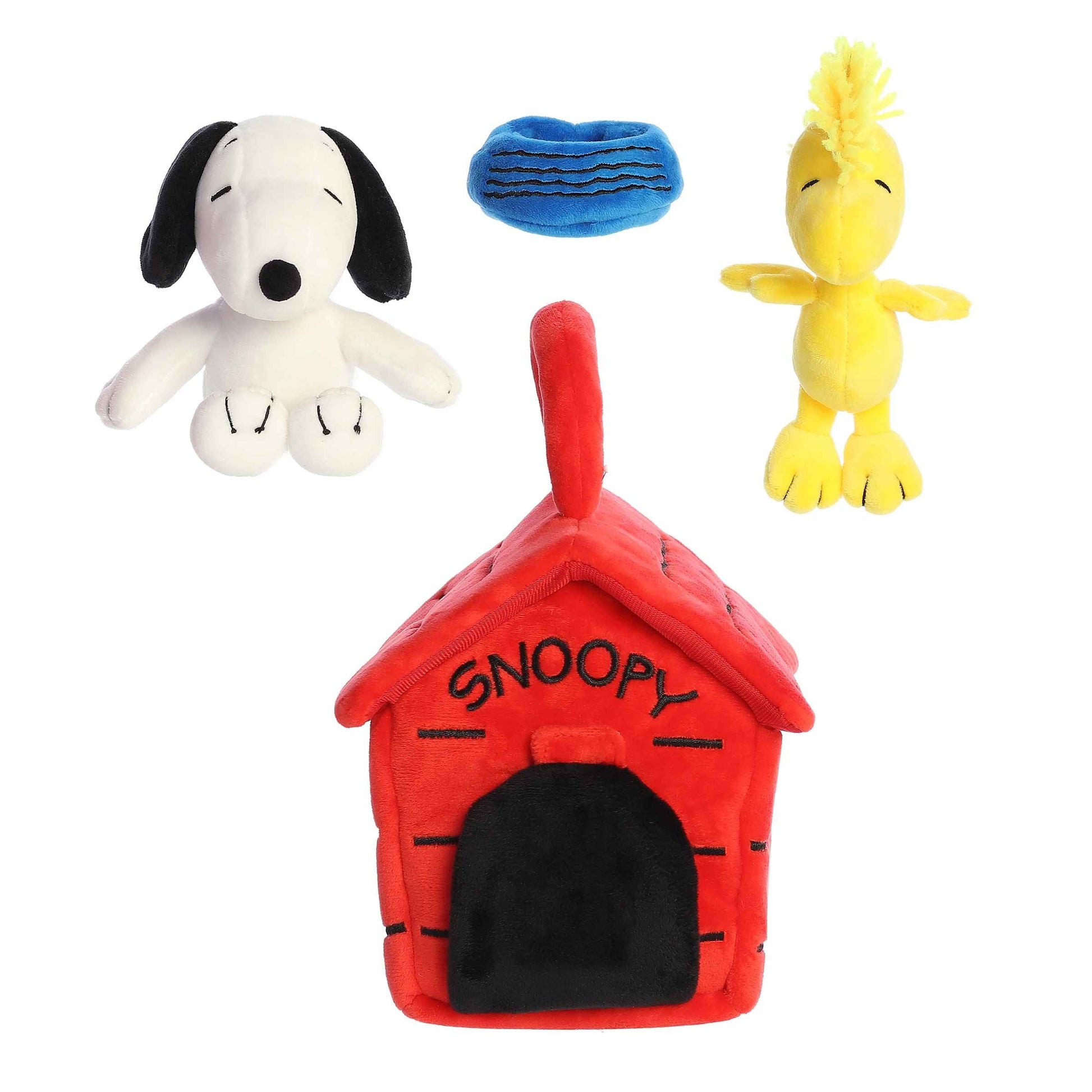 Aurora World Peanuts 8-inch plush playset featuring a red doghouse carrier, Snoopy plush, Woodstock plush, and a blue plush dog bowl.