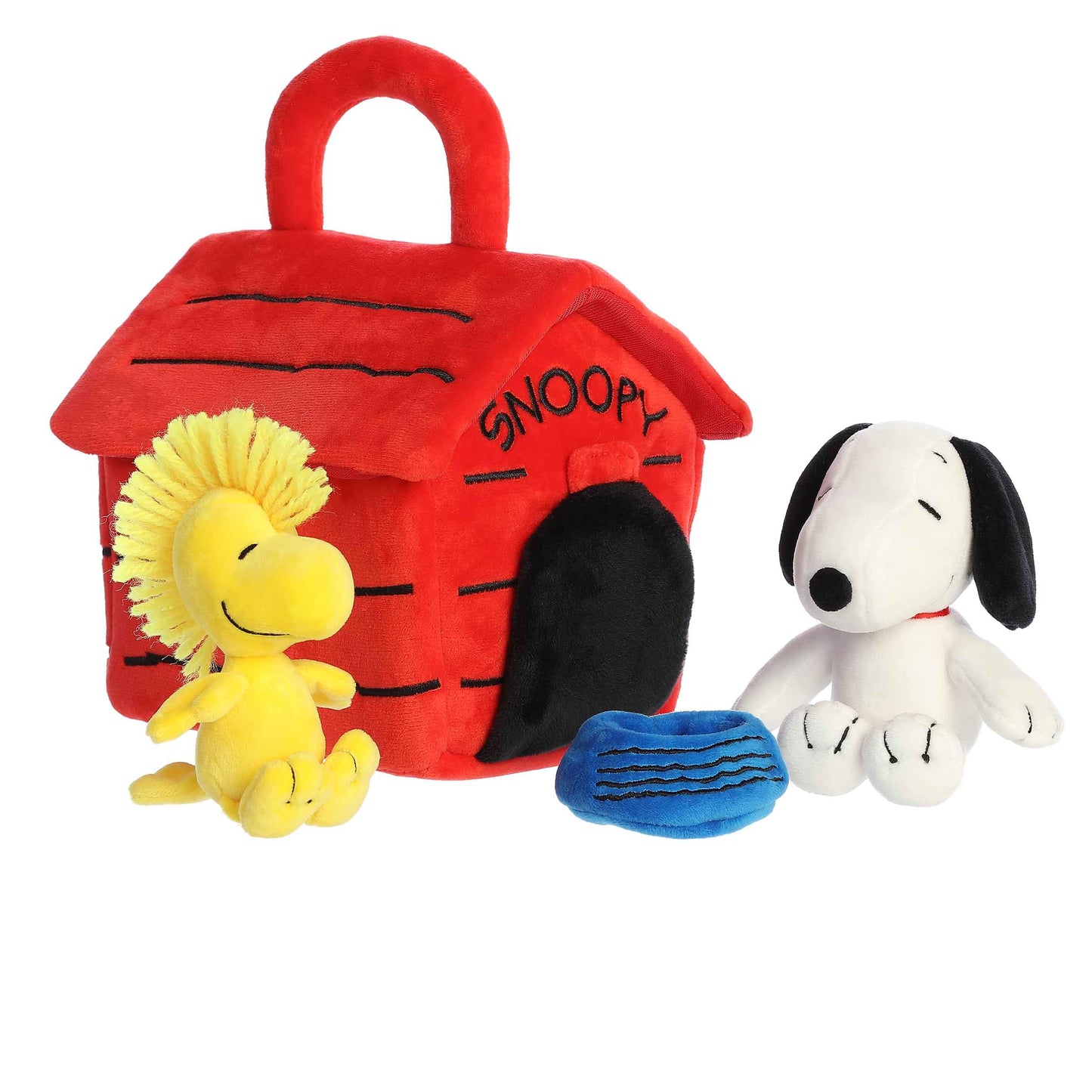 Aurora World Peanuts 8-inch plush playset featuring a red doghouse carrier, Snoopy plush, Woodstock plush, and a blue plush dog bowl.