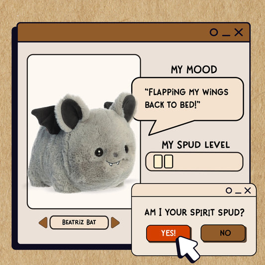 Illustration of a plush bat toy with a computer interface asking if it is the spirit spud.
