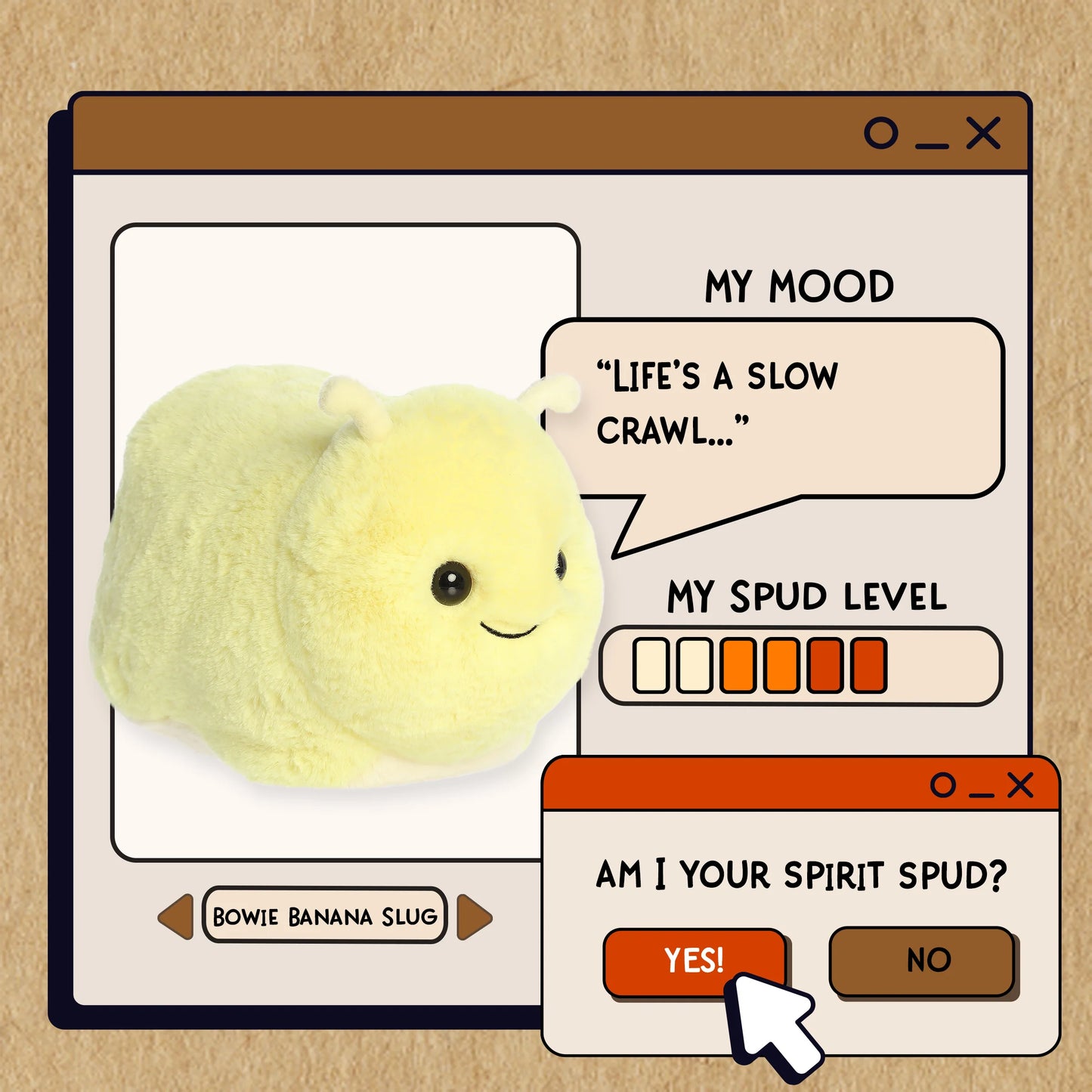 Aurora World Spudsters Bowie Banana Slug 10-Inch plush featuring bright yellow fur and round potato shape.