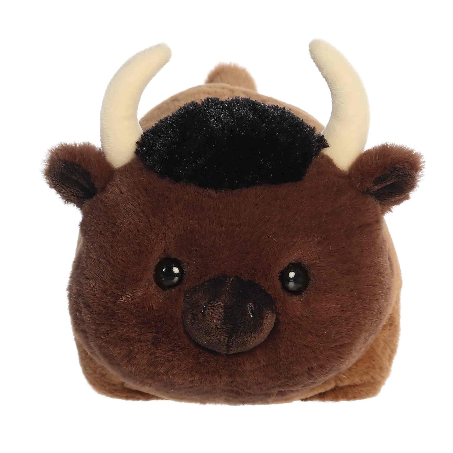 Aurora World Spudsters 10-inch Buddy Bison plush, featuring a round potato-shaped brown body, curved horns, and a black tuft of hair.