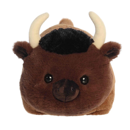 Aurora World Spudsters 10-inch Buddy Bison plush, featuring a round potato-shaped brown body, curved horns, and a black tuft of hair.