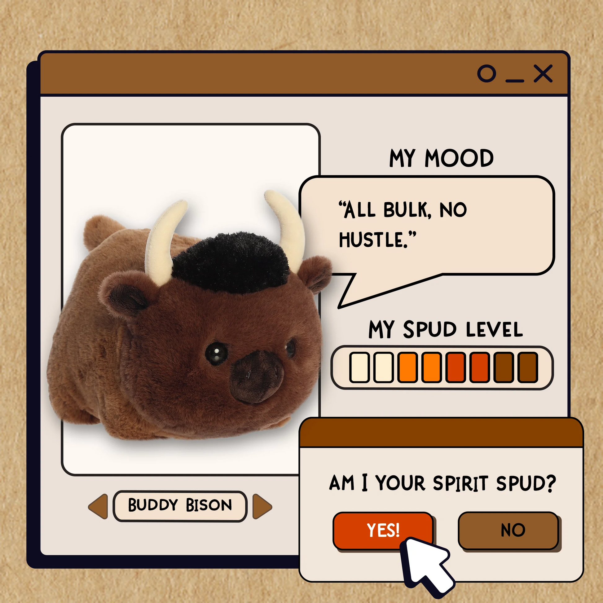 Illustration of a plush bison toy with a digital interface on a beige background