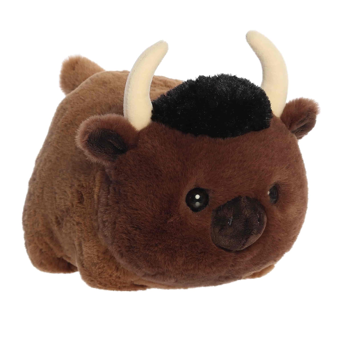Aurora World Spudsters 10-inch Buddy Bison plush, featuring a round potato-shaped brown body, curved horns, and a black tuft of hair.