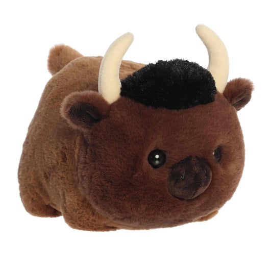 Aurora World Spudsters 10-inch Buddy Bison plush, featuring a round potato-shaped brown body, curved horns, and a black tuft of hair.