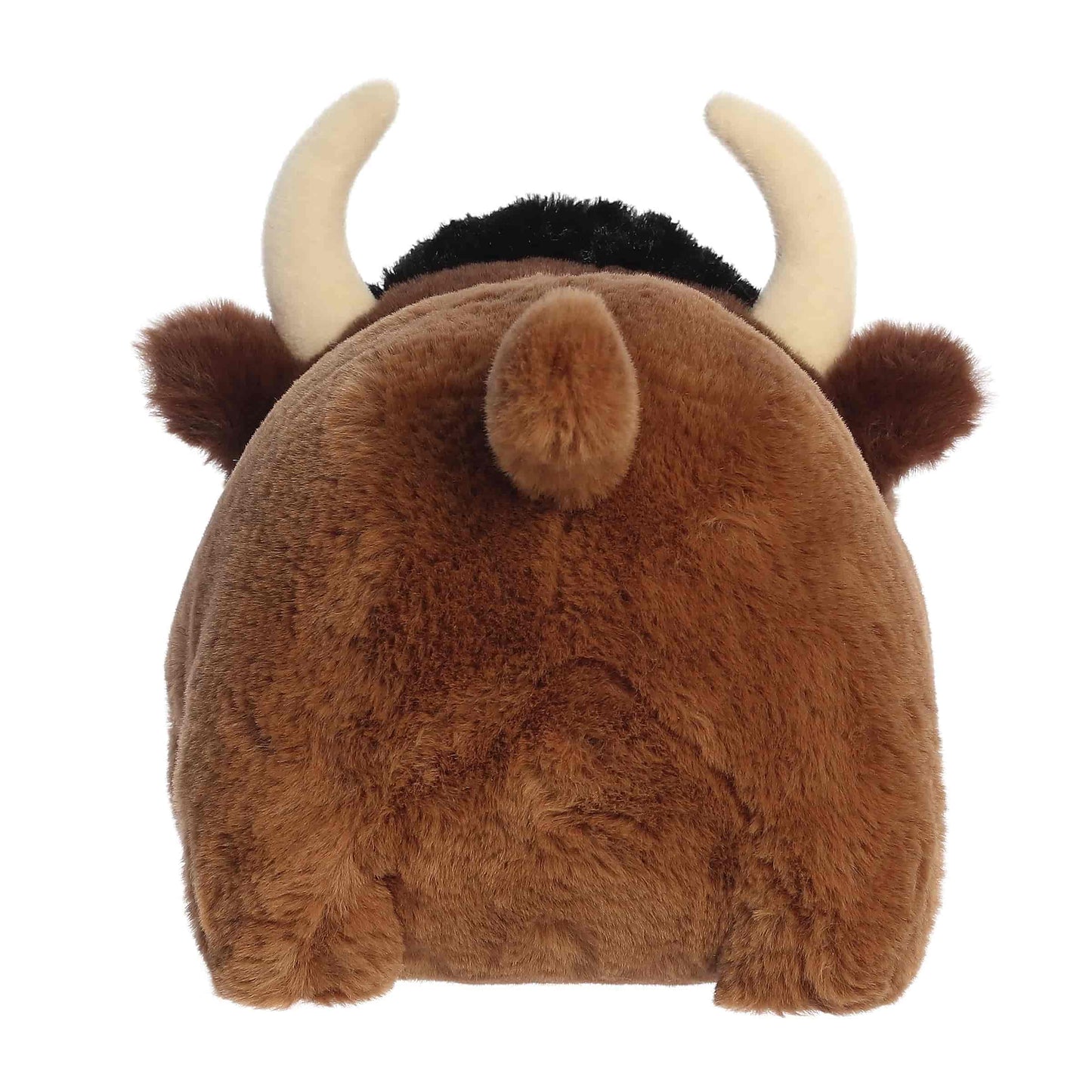 Aurora World Spudsters 10-inch Buddy Bison plush, featuring a round potato-shaped brown body, curved horns, and a black tuft of hair.