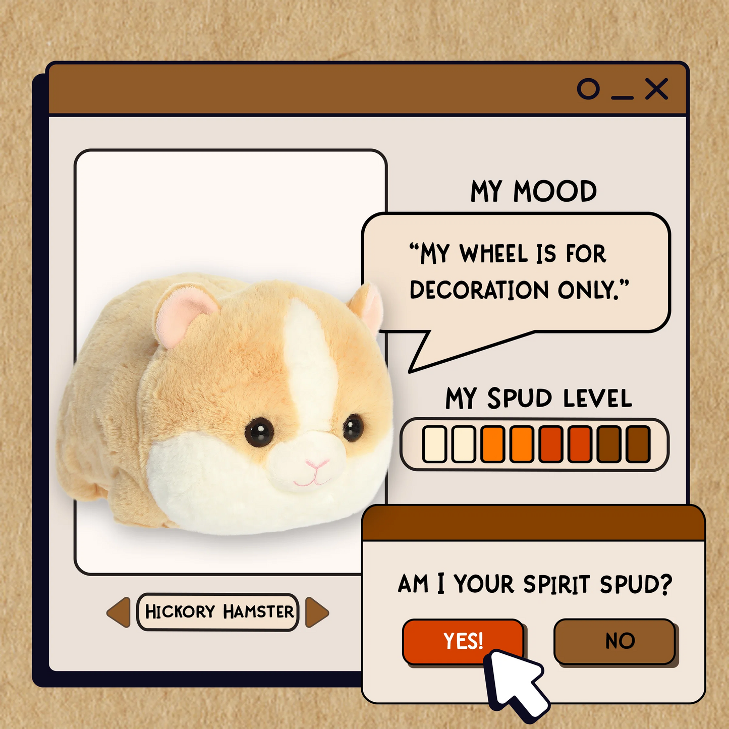 Cartoon hamster with a computer interface on a beige background