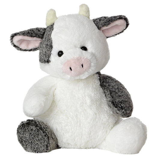 Aurora World Sweet & Softer Clementine Cow 12-Inch plush featuring silky white and grey fur, a pink snout, and a cozy paddle-legged seated pose.
