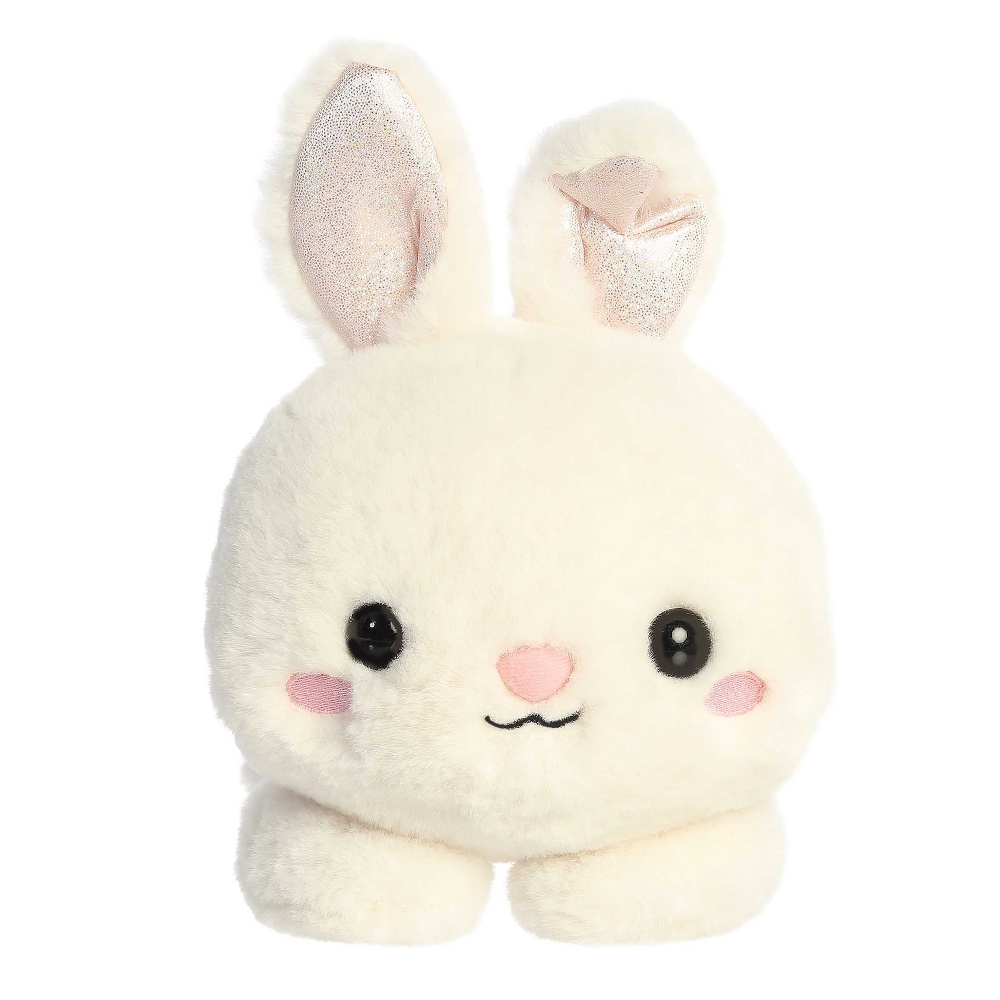 Aurora World Too Cute Jasmine Bunny 12-Inch plush featuring soft cream-colored fur, shimmering inner ears, pink blush cheeks, and a belly-down hugging pose.