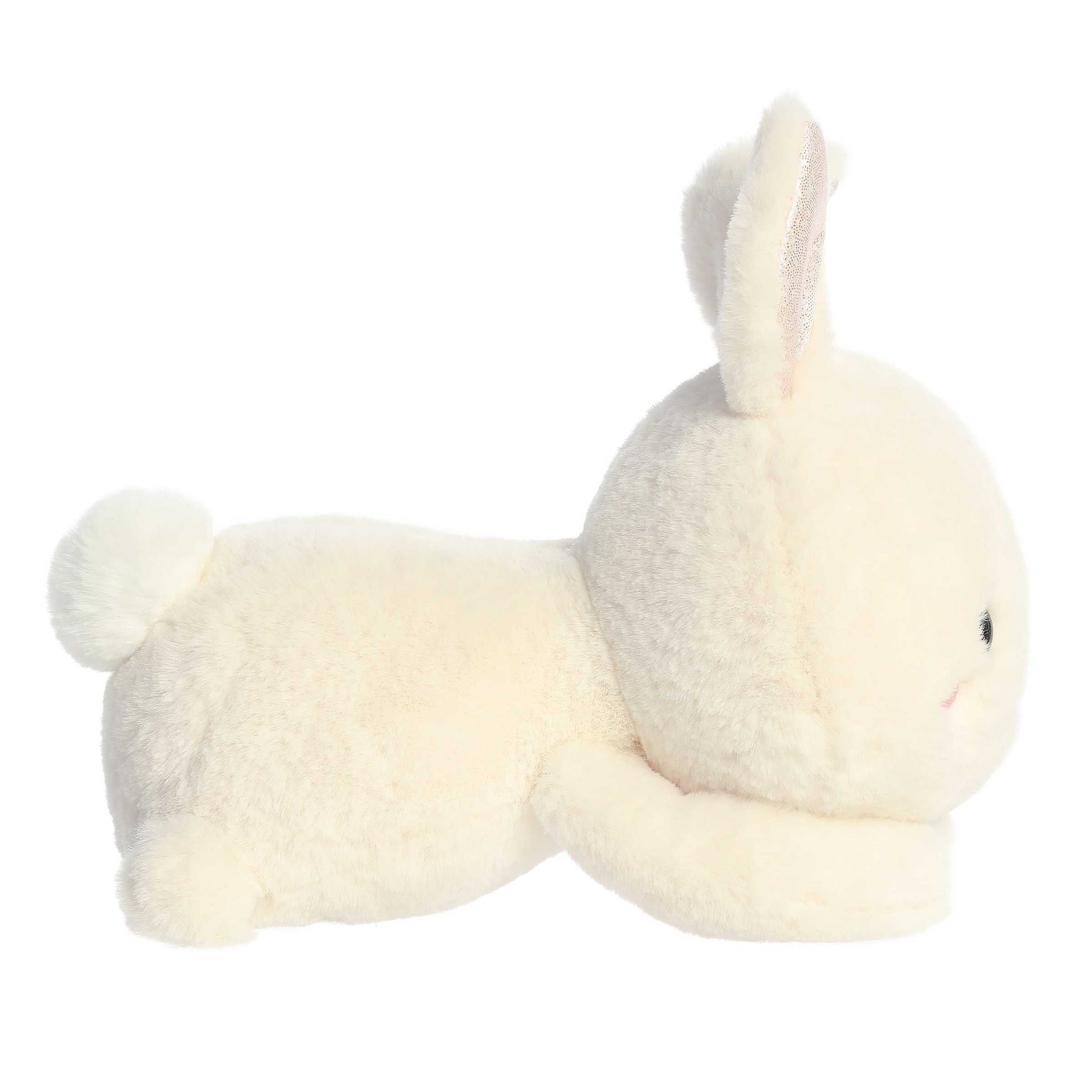 Aurora World Too Cute Jasmine Bunny 12-Inch plush featuring soft cream-colored fur, shimmering inner ears, pink blush cheeks, and a belly-down hugging pose.