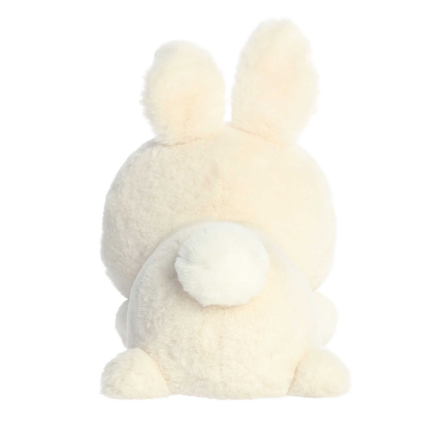 Aurora World Too Cute Jasmine Bunny 12-Inch plush featuring soft cream-colored fur, shimmering inner ears, pink blush cheeks, and a belly-down hugging pose.