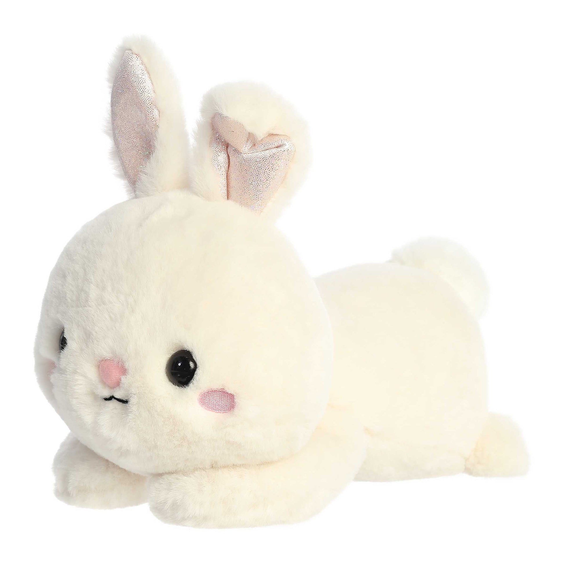Aurora World Too Cute Jasmine Bunny 12-Inch plush featuring soft cream-colored fur, shimmering inner ears, pink blush cheeks, and a belly-down hugging pose.