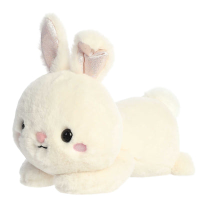 Aurora World Too Cute Jasmine Bunny 12-Inch plush featuring soft cream-colored fur, shimmering inner ears, pink blush cheeks, and a belly-down hugging pose.