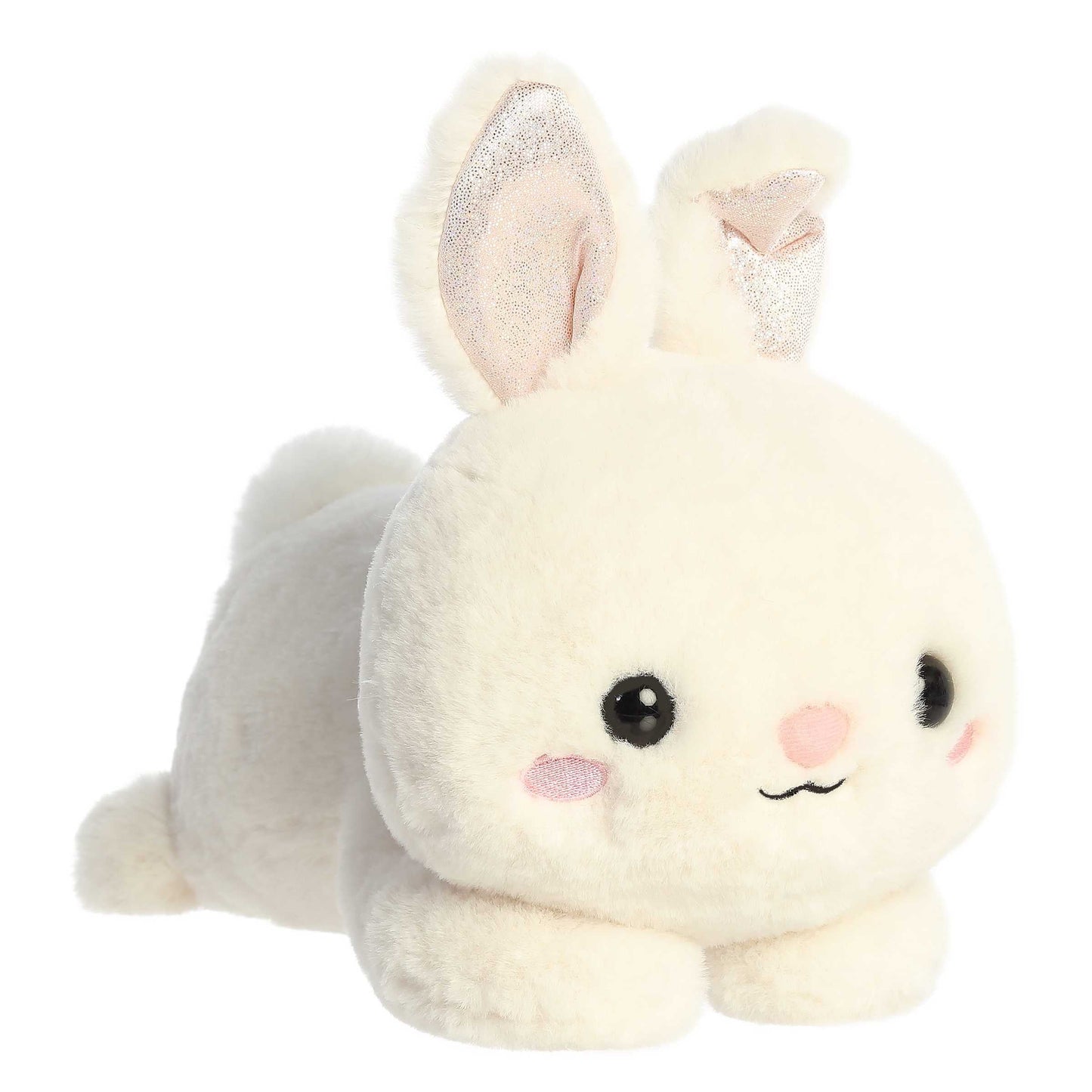 Aurora World Too Cute Jasmine Bunny 12-Inch plush featuring soft cream-colored fur, shimmering inner ears, pink blush cheeks, and a belly-down hugging pose.