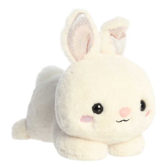 Aurora World Too Cute Jasmine Bunny 12-Inch plush featuring soft cream-colored fur, shimmering inner ears, pink blush cheeks, and a belly-down hugging pose.