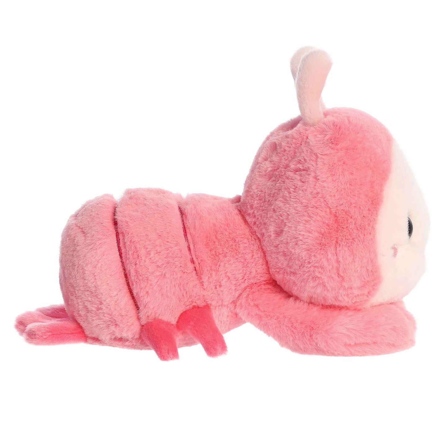 Aurora World Too Cute Shimmi Shrimp 9-Inch plush featuring a rosy pink body, light pink detailing, and a belly-down hugging pose.