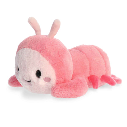 Aurora World Too Cute Shimmi Shrimp 9-Inch plush featuring a rosy pink body, light pink detailing, and a belly-down hugging pose.