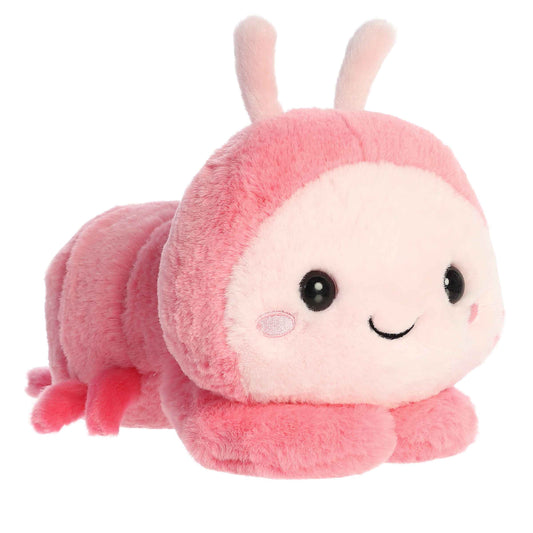 Aurora World Too Cute Shimmi Shrimp 9-Inch plush featuring a rosy pink body, light pink detailing, and a belly-down hugging pose.