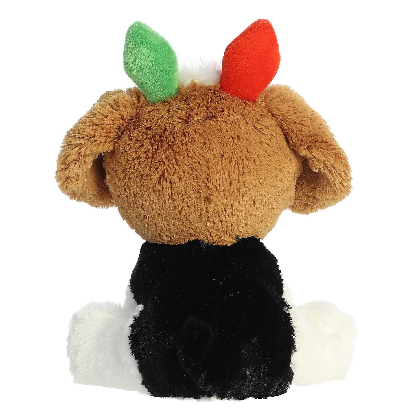 Plush toy resembling a reindeer with a brown head, green antlers, red nose, black body, and white feet on a white background.