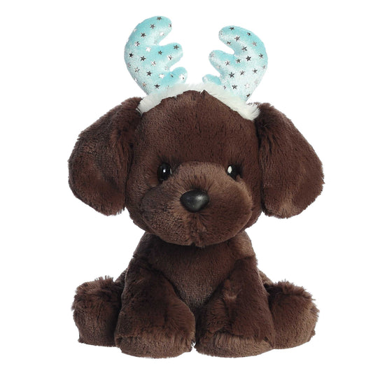 Aurora Holiday Sydney Choco Lab Brown plush dog toy with light blue antlers on a white background