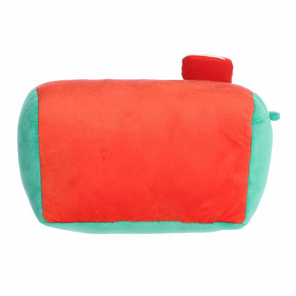 Red and green plush toy on a white background