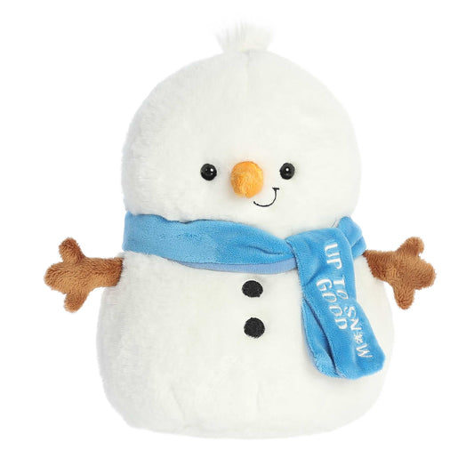 Aurora Just Sayin' Up To Snow Good Plush snowman toy with a blue scarf on a white background