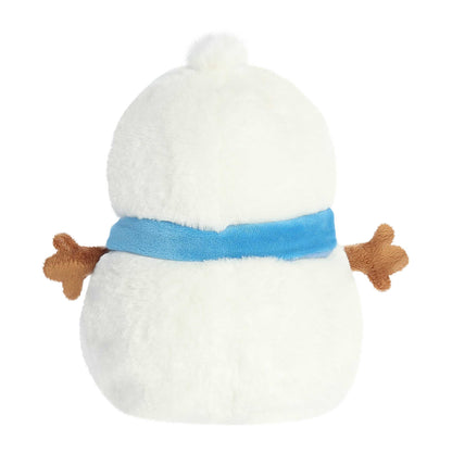 White plush snowman with a blue scarf on a white background