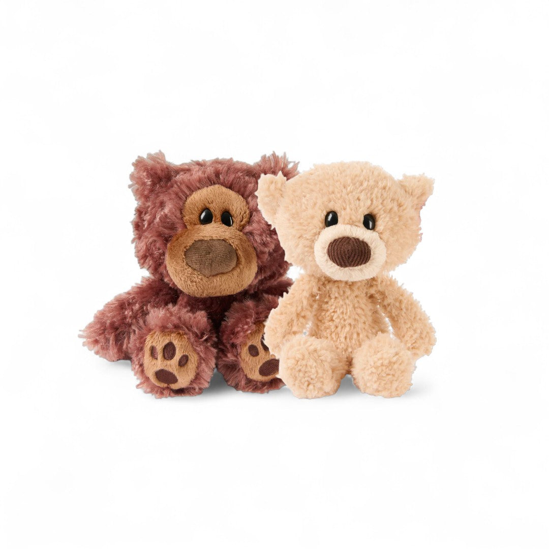Two teddy bears, one brown and one beige, sitting side by side on a white background.