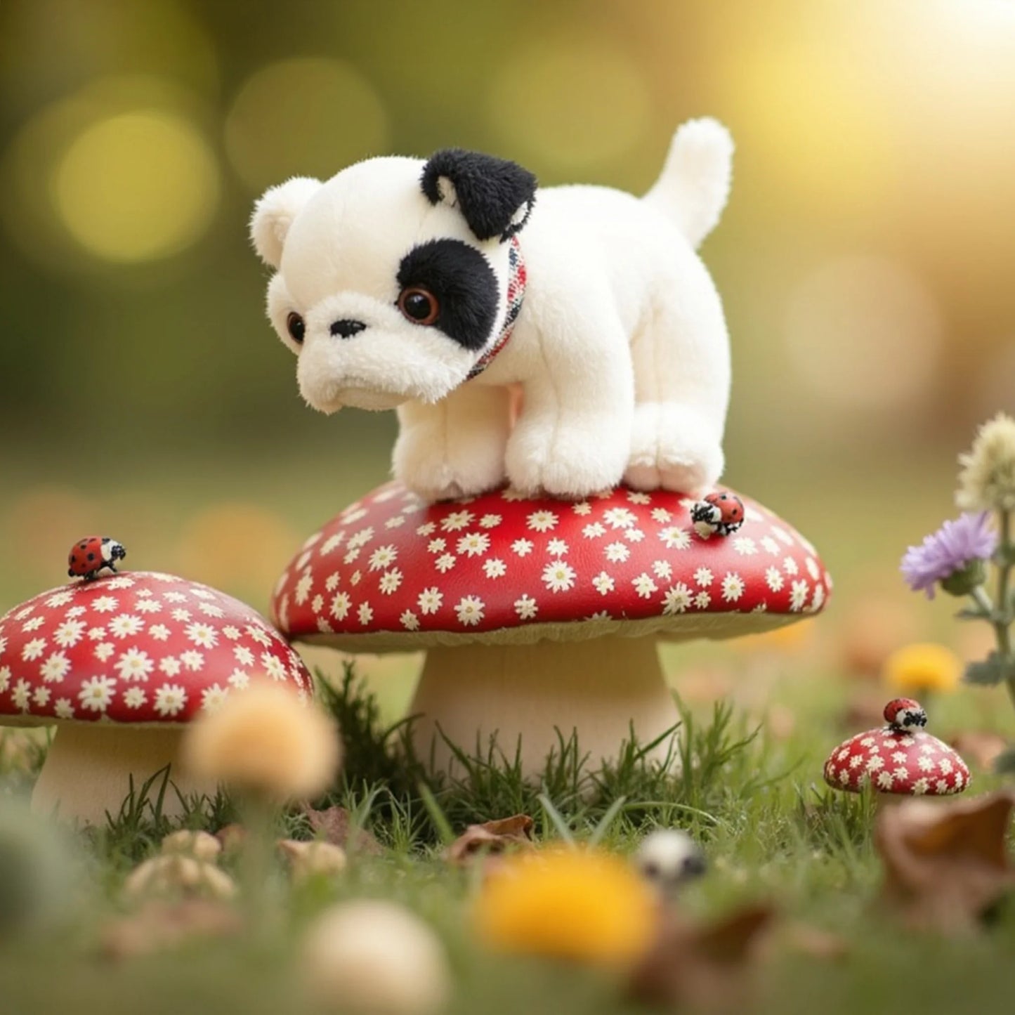 Bukowski Bears Baby Gentleman bulldog puppy plush featuring soft white fur, a black spot over one eye, and a plaid collar.