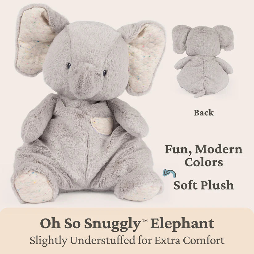 Gray plush elephant toy with text describing its features on a beige background