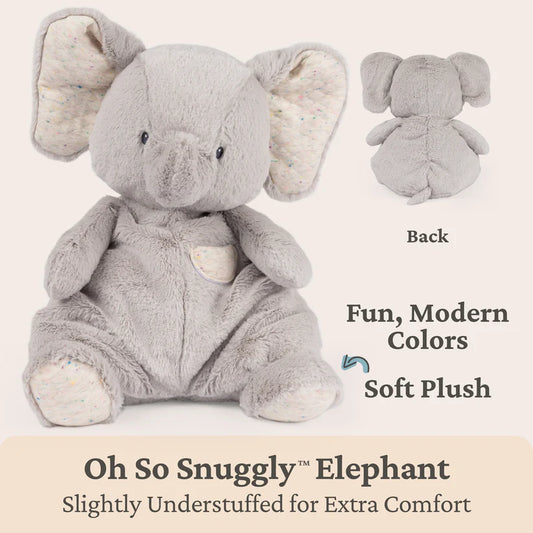Gray plush elephant toy with text describing its features on a beige background