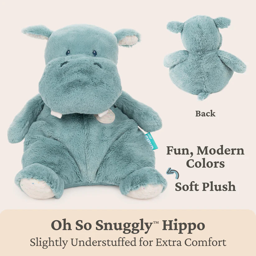 Teal plush hippo toy with text describing its features on a beige background