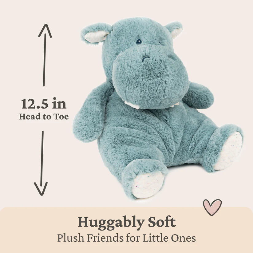 Blue plush hippo toy with measurements and text on a beige background