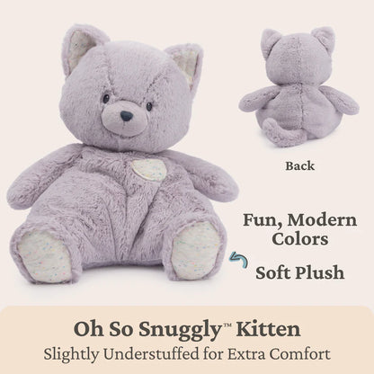Lavender plush kitten toy with text describing its features on a beige background