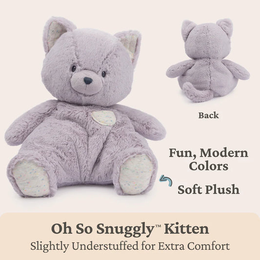 Lavender plush kitten toy with text describing its features on a beige background