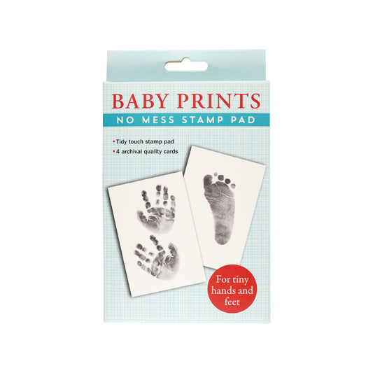 Baby Prints No Mess Stamp Pad kit, featuring an inkless stamp pad and archival-quality cards showcasing baby hand and foot prints