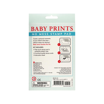 Baby Prints No Mess Stamp Pad kit, featuring an inkless stamp pad and archival-quality cards showcasing baby hand and foot prints