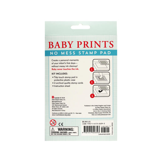 Baby Prints No Mess Stamp Pad kit, featuring an inkless stamp pad and archival-quality cards showcasing baby hand and foot prints