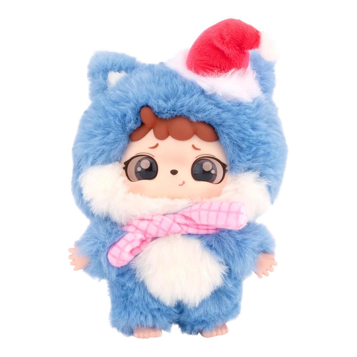 Baby Three Mitutu & Hulala Plush with a blue hood, white fur, and red hat on a white background