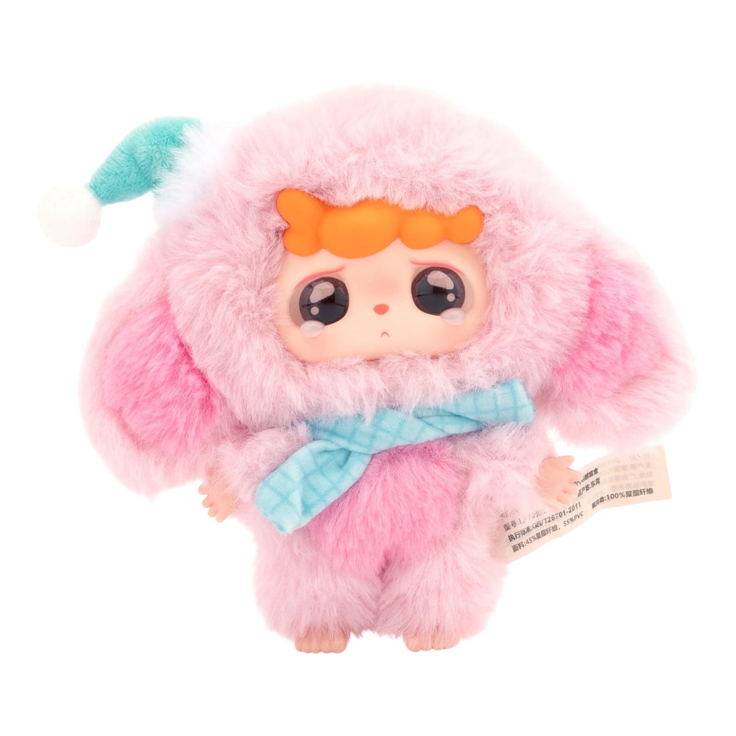 Baby Three Mitutu & Hulala Plush with pink fur and orange hair on a white background