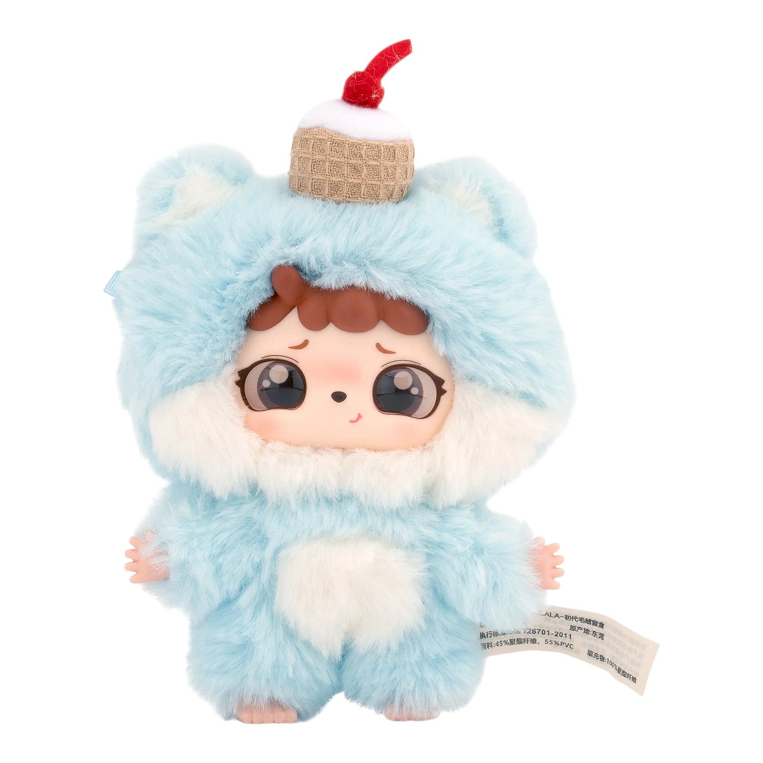 Baby Three Mitutu & Hulala Plush with a blue hood and white fur, resembling a character, on a white background.