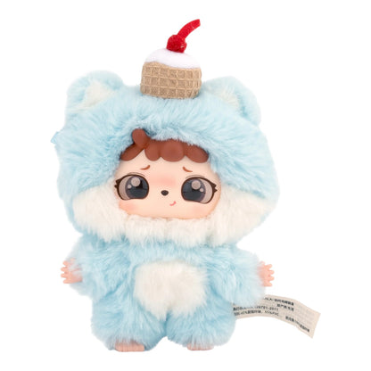 Baby Three Mitutu & Hulala Plush with a blue hood and white fur, resembling a character, on a white background.