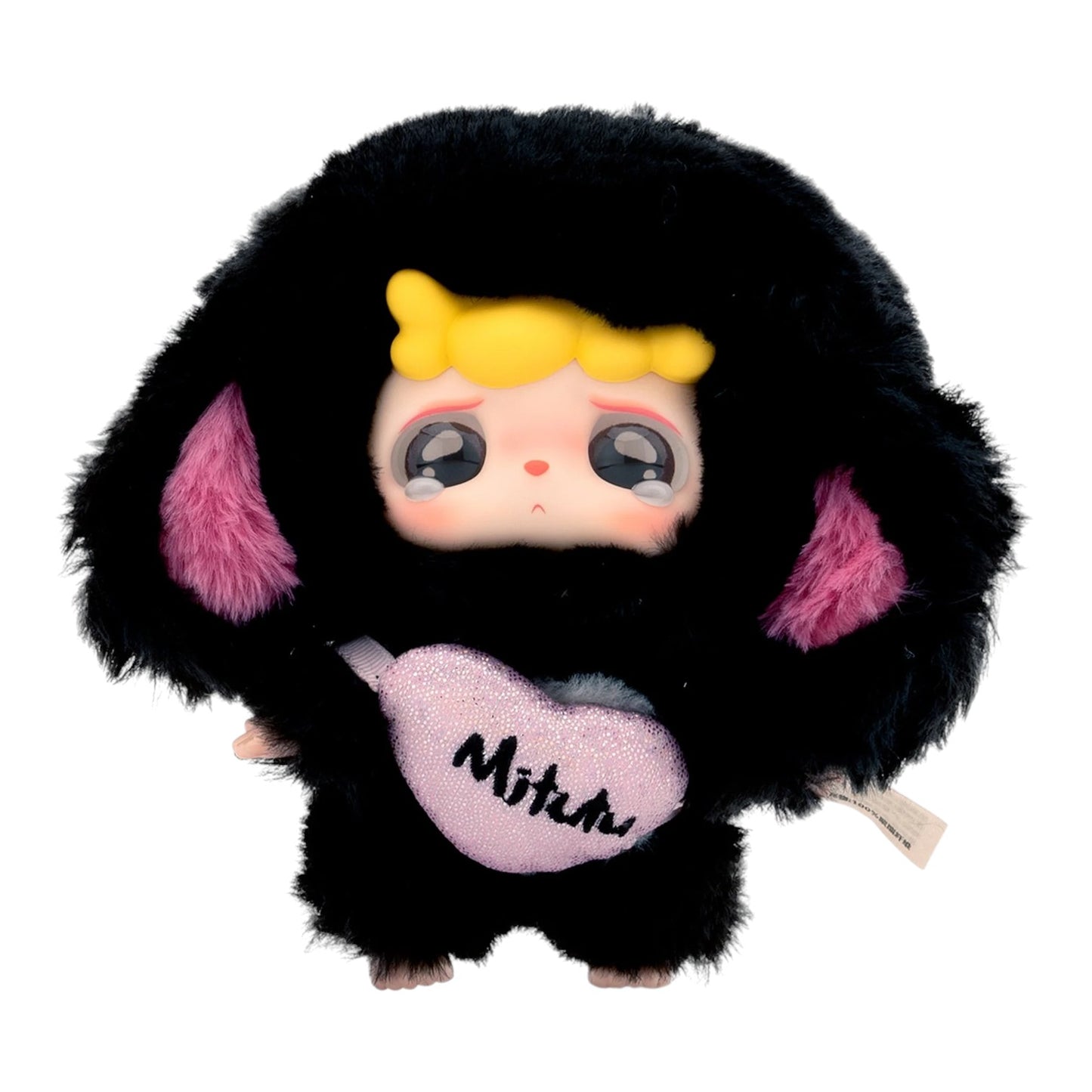 Baby Three Mitutu & Hulala Plush with a character inside, black fur, pink heart, and yellow hair on a white background
