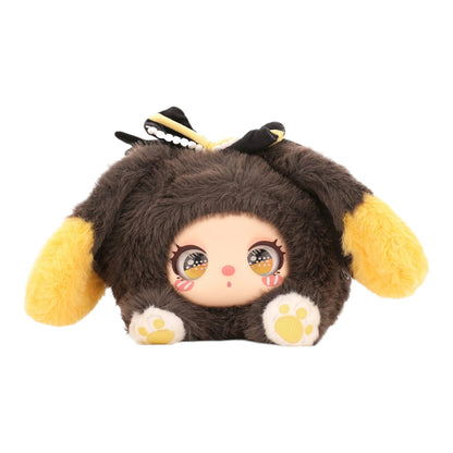 Baby Three Liila’s Marshmallow Bunny Bag Plush toy with a cartoon face, brown body, yellow ears, and white paws on a white background